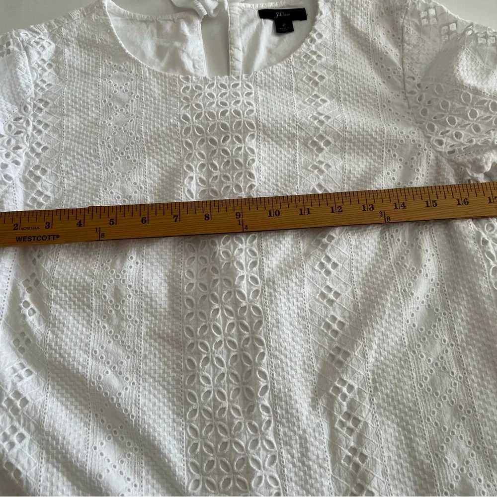 J Crew Women Size 2 Shift Dress White Eyelet 3/4 Sleeve Resort Wear 100% Cotton